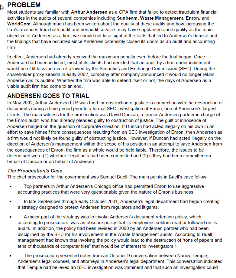 QUESTION TO ANSWER: 7. The class action lawsuit against Andersen also