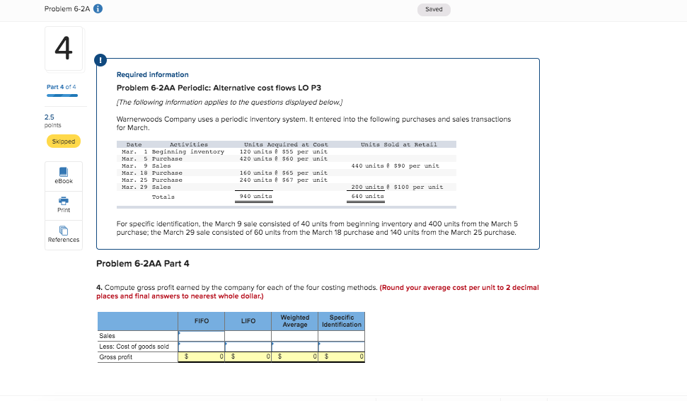 Problem 6-2A Saved Part 4 of 4 Required information Problem 6-2AA