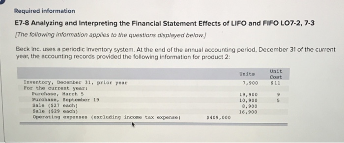  Required information E7-8 Analyzing and Interpreting the Financial Statement Effects of