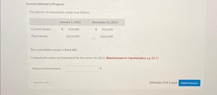  Current Attempt in Progress The data for an investment center is