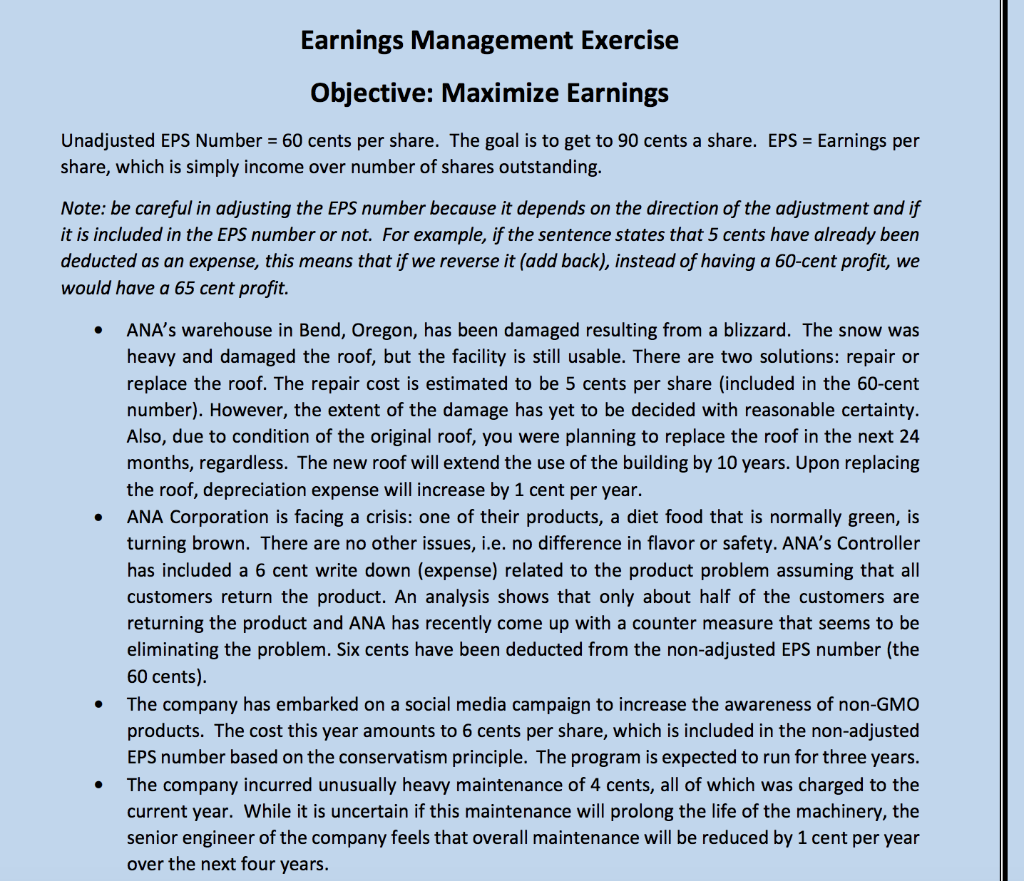 PLEASE SOLVEEEE IT AS SOOOONNN AS POSSIBLEEEEEEEE Earnings Management Exercise Objective: