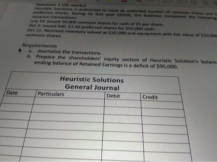  Question 2 (20 marks) Heuristic Solutions is authorized to issue an