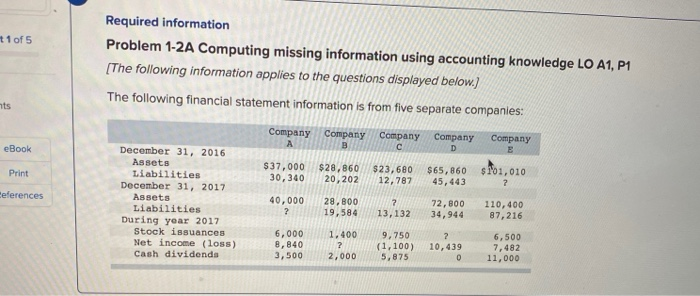  t1 of 5 Required information Problem 1-2A Computing missing information using