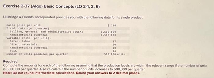 Q2Q1 Exercise 2-37 (Algo) Basic Concepts (LO 2-1, 2, 6) Lilibridge \&