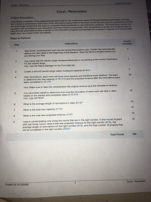  Excel 2019 Pred Excel - Renovation Project Description: Lesa Martin, a