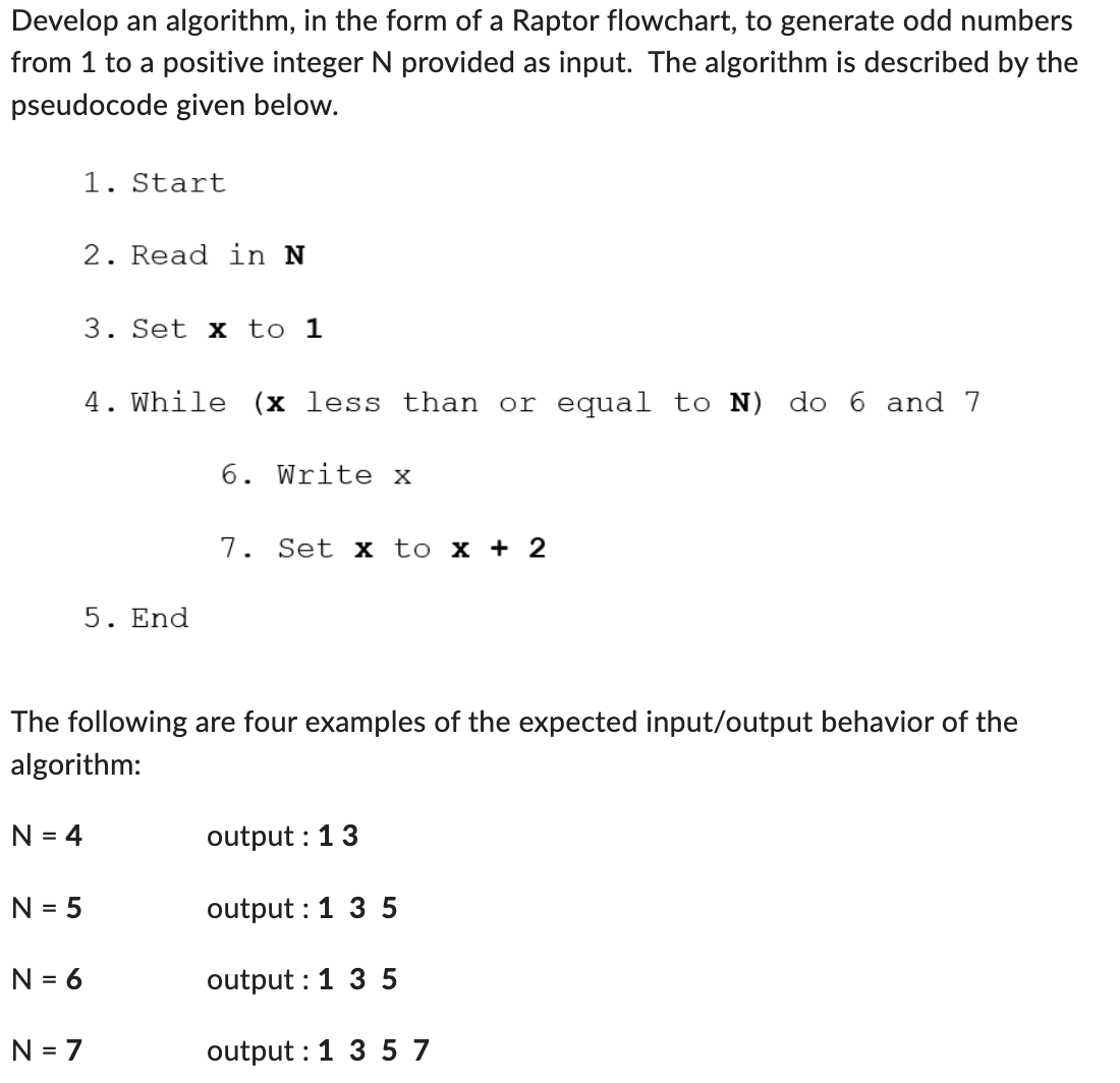  Develop an algorithm, in the form of a Raptor flowchart, to