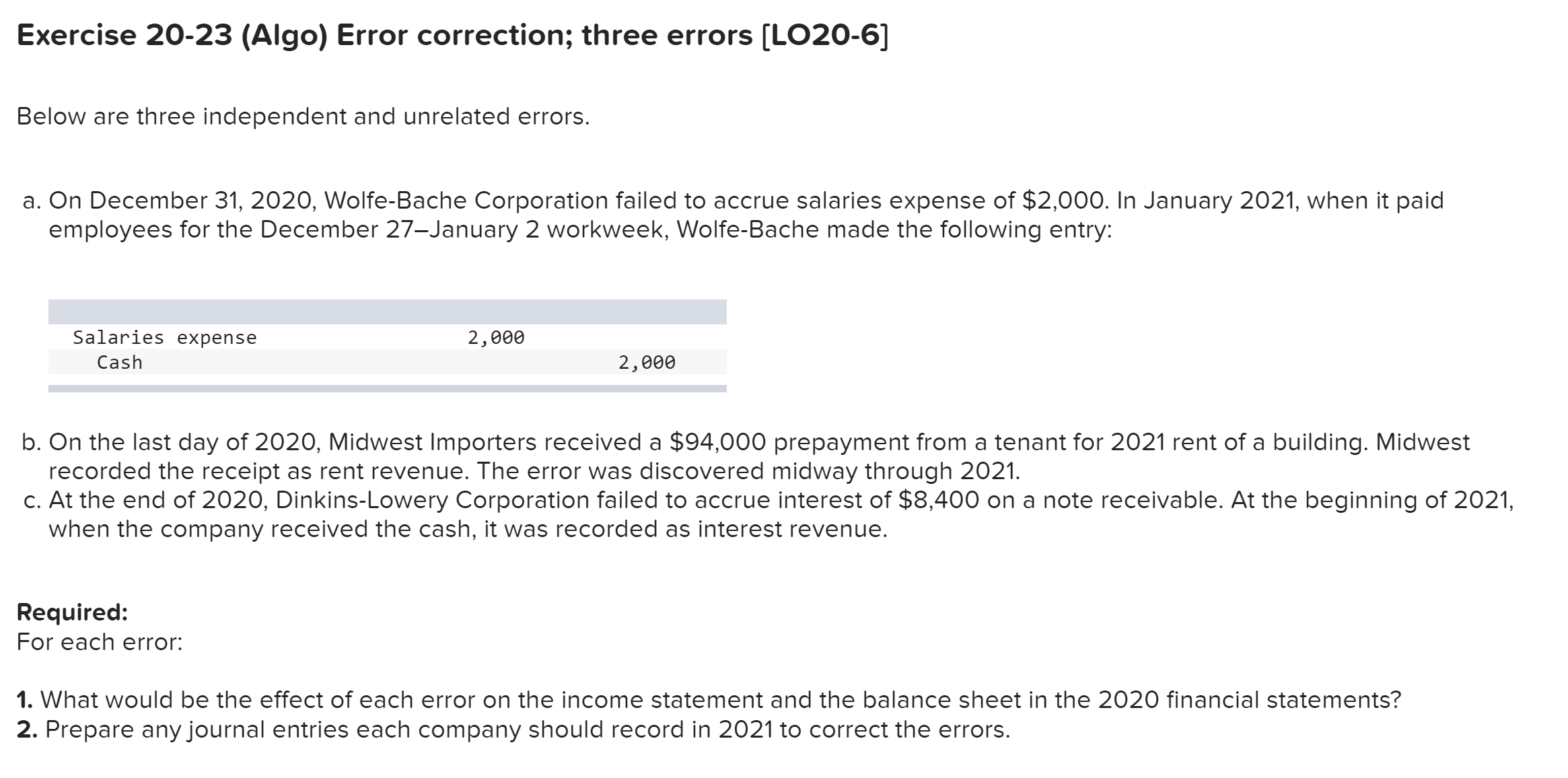  Exercise 20-23 (Algo) Error correction; three errors [LO20-6] Below are three