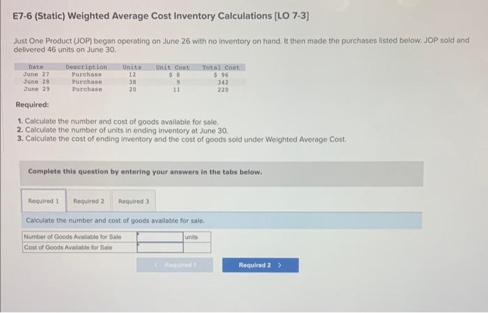  E7-6 (Static) Weighted Average Cost Inventory Calculations [LO 7-3] Just One