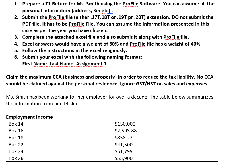  1. Prepare a T1 Return for Ms. Smith using the ProFlle