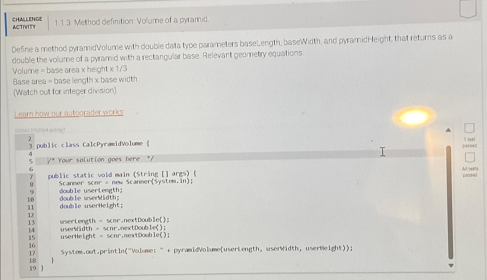  CHALLENGE ACTIVITY 1.13: Method definition: Volume of a pyramid. Define a