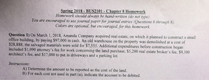  Spring 2018-BUS2101-Chapter 8 Homework Homework should always be hand-written (do not