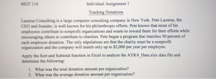 Answer fully and on excel. Need the total per organization and average
