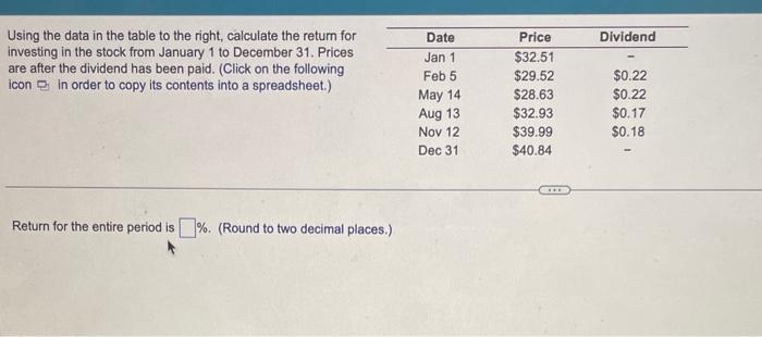 Using the data in the table to the right, calculate the return