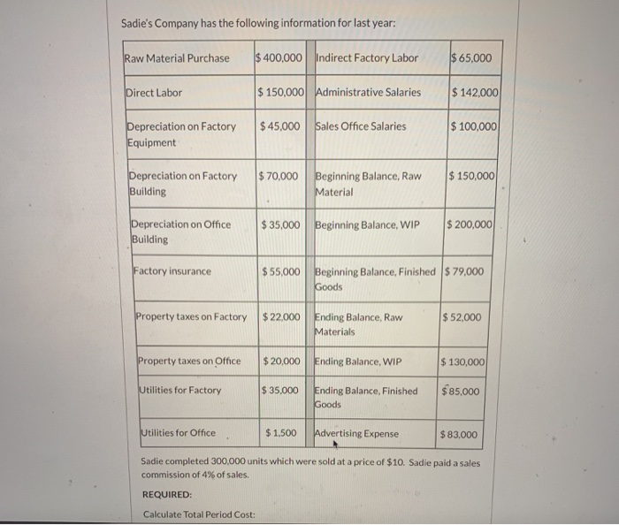 using the table how would you caoculate total period cost Sadie's Company