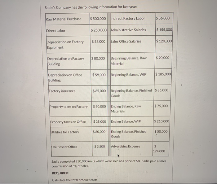 using the table how would you calculate the total product cost Sadie's