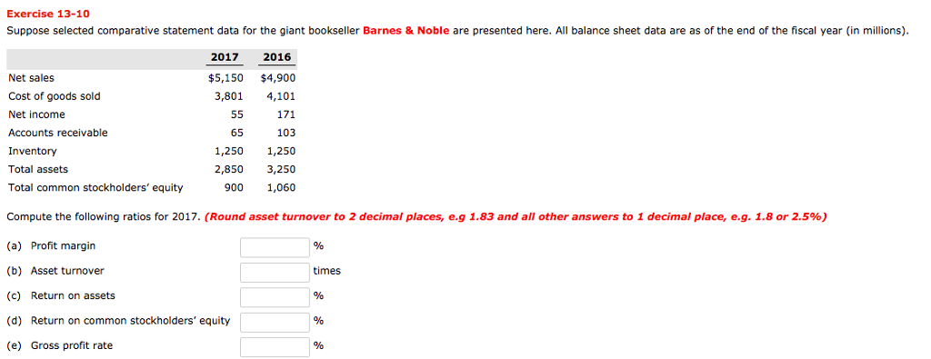  Exercise 13-10 Suppose selected comparative statement data for the giant bookseller