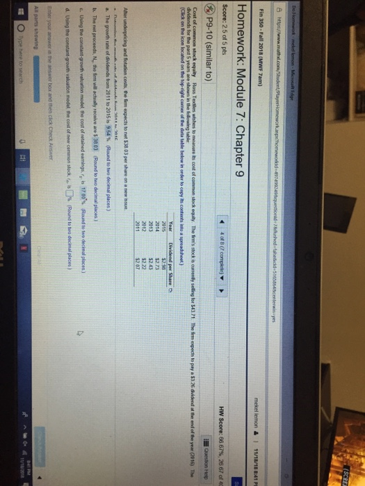  Fin 350- Fall 2018 (MwF 7am) Homework: Module 7: Chapter 9