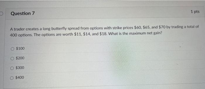  A trader creates a long butterfly spread from options with strike