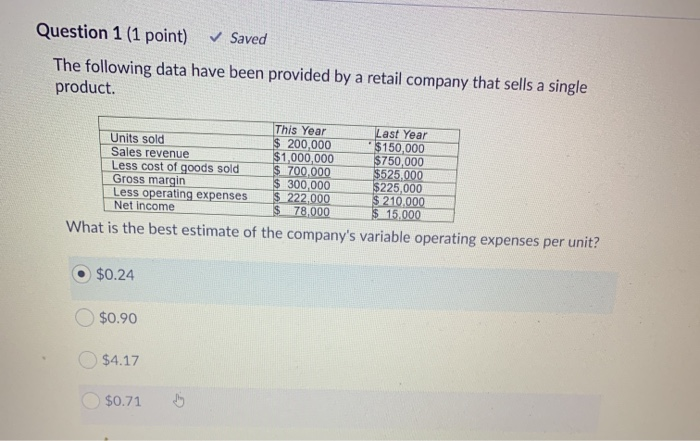  Question 1 (1 point) Saved The following data have been provided