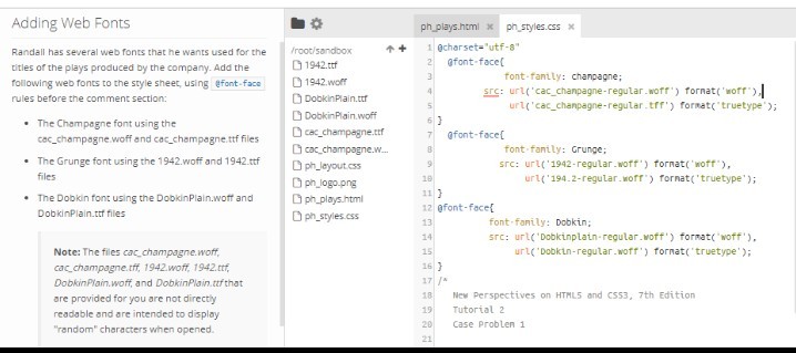  Adding Web Fonts ph plays.htmxph styles.css x 1 @charset.utf.8" gfont-facel +