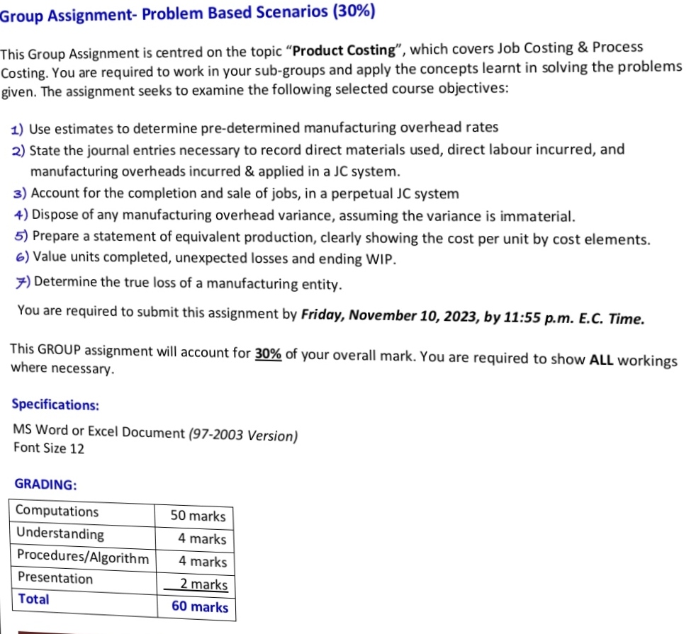 covers Job Costing \& Process Costing. You are required to work in