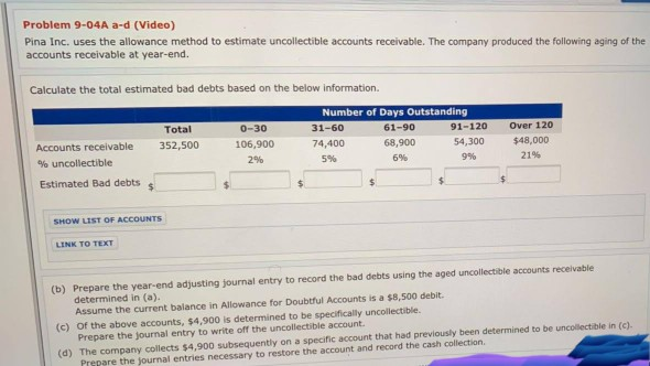 Problem 9-04A a-d (Video) Pina Inc. uses the allowance method to
