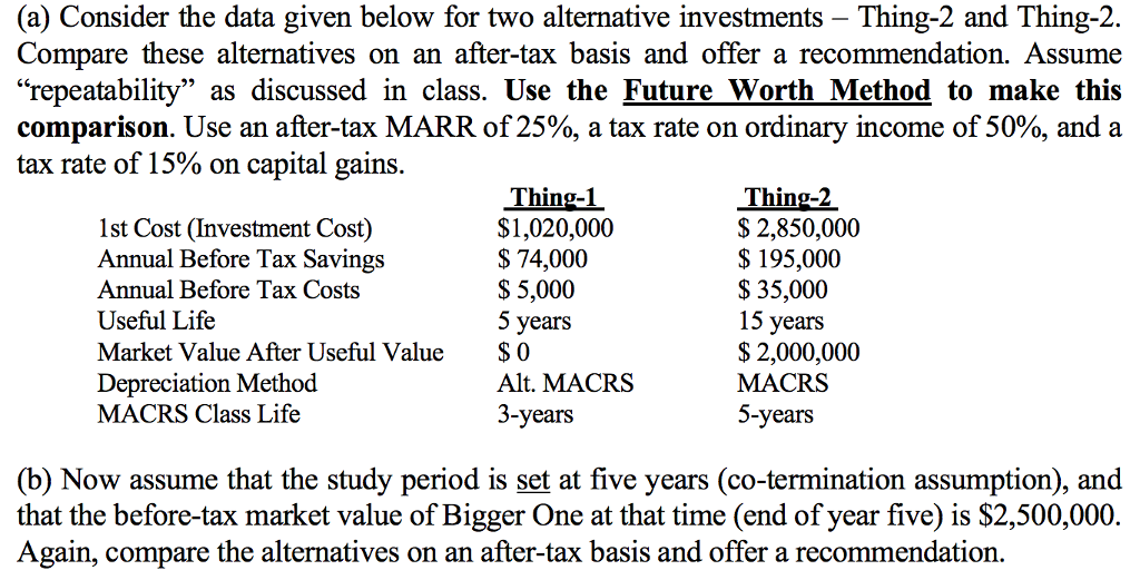 Consider the data given below for two alternative investments -Thing-2 and