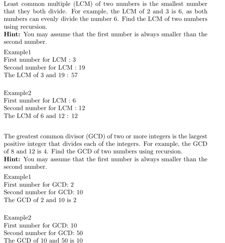Solve using RECURSIVE FUNCTION AND MATLAB LANGUAGE ONLY. Least common multiple (LCM)