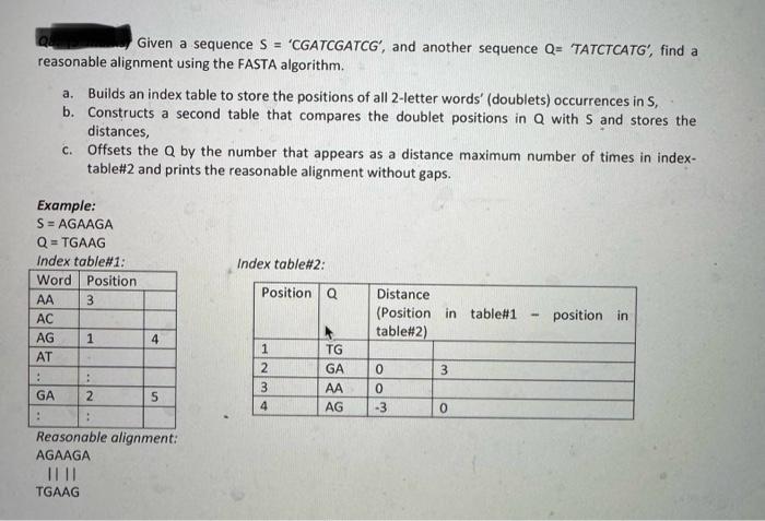  Given a sequence S = 'CGATCGATCG', and another sequence Q= 'TATCTCATG',