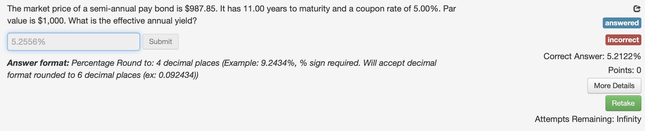 correct answer is 5.2122%. Please show all steps. The market price