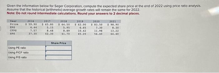  Given the information below for Seger Corporation, compute the expected share