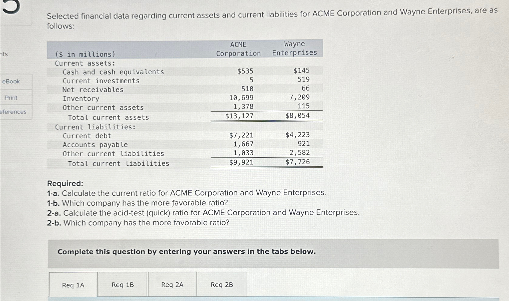  Selected financial data regarding current assets and current liabilities for ACME