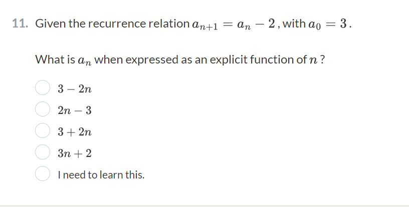  Given the recurrence relation an+1=an-2, with a0=3. What is an when