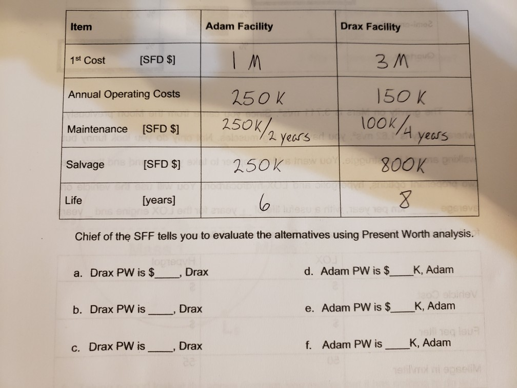 Space Fuel Inc., is considering two mutually exclusive alternatives, given details below