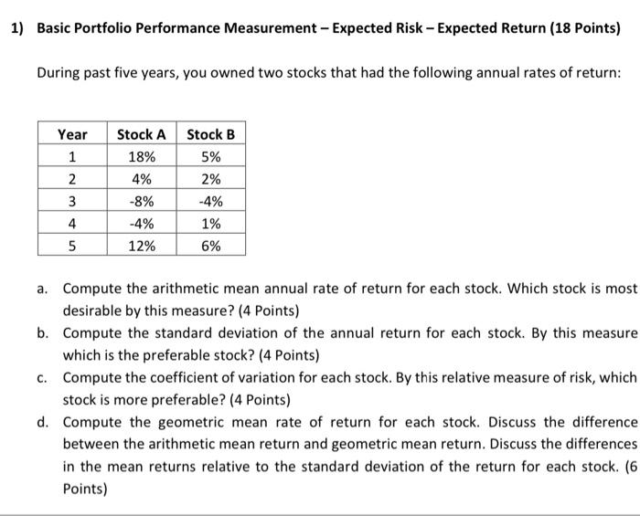  1) Basic Portfolio Performance Measurement - Expected Risk - Expected Return