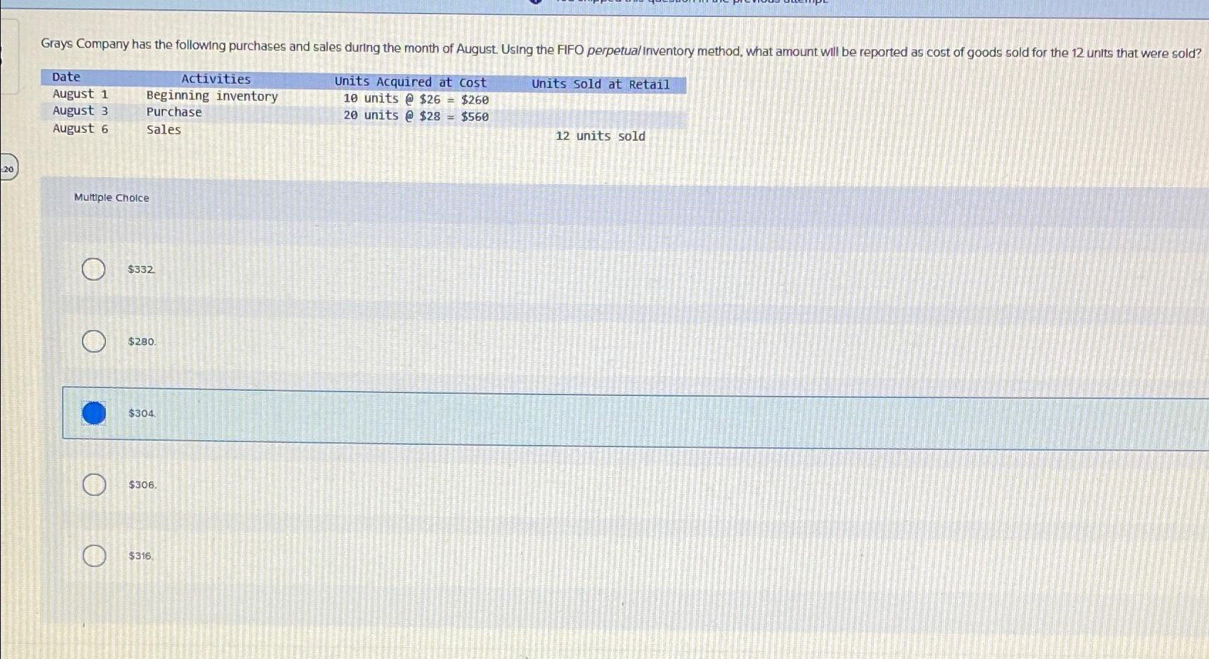  \table[[Date,Activities,Units Acquired at cost],[August 1,Beginning inventory,10 units @ $26=$260 