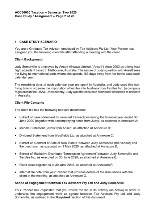  ACC30005 Taxation - Semester Two 2020 Case Study / Assignment -
