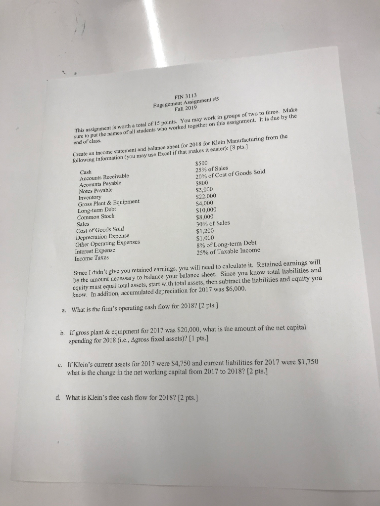 FIN 3113 Engagement Assignment # 5 Fall 2019 This assignment is