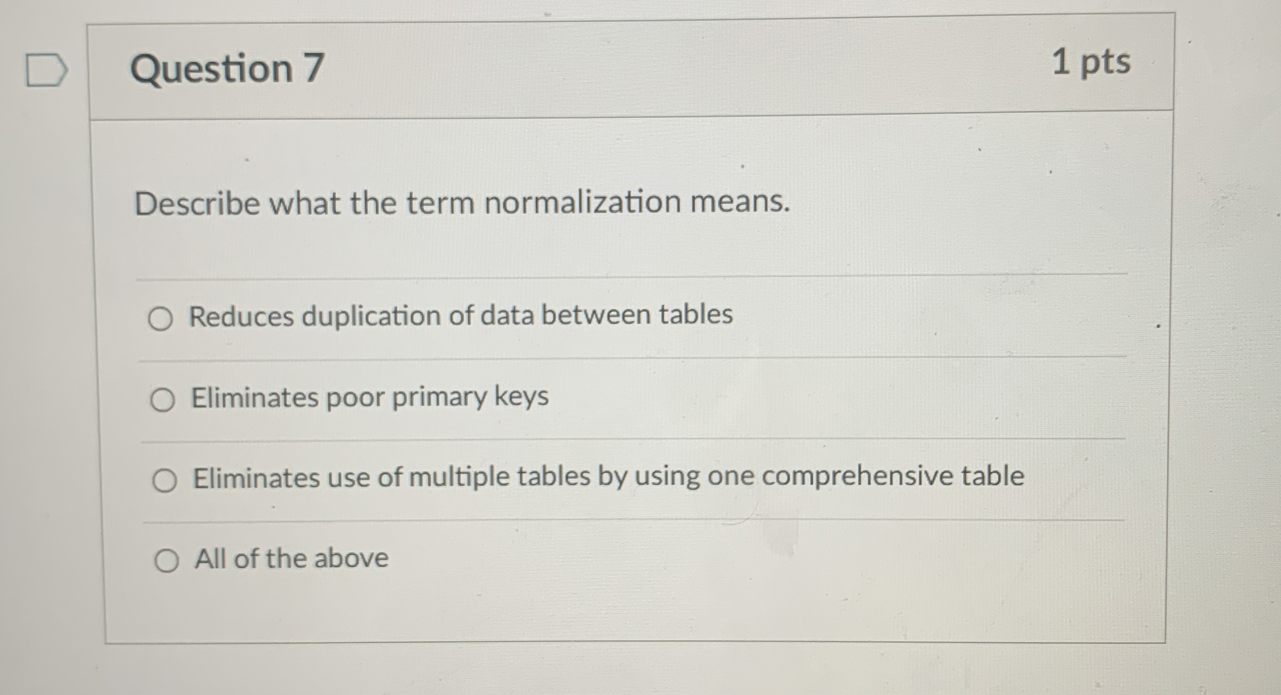  Question 7 1 pts Describe what the term normalization means. Reduces