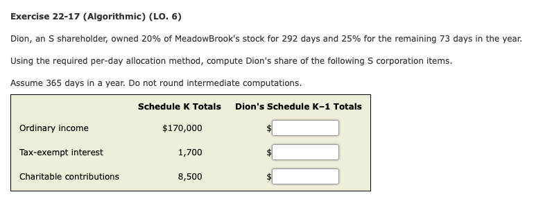 Exercise 22-17 (Algorithmic) (LO. 6) Dion, an S shareholder, owned 20%