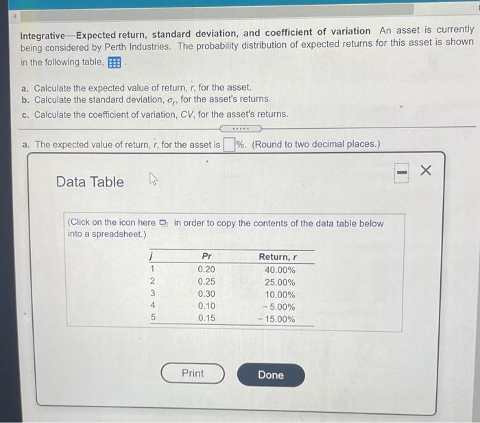 HW HELP Integrative-Expected return, standard deviation, and coefficient of variation An asset