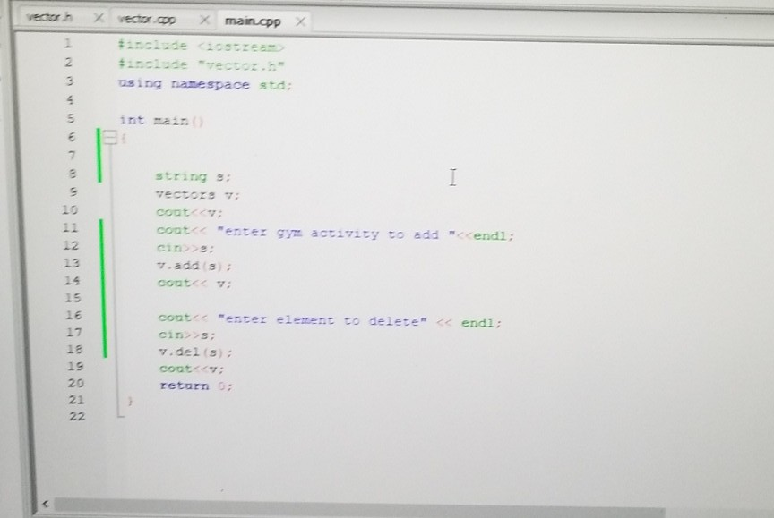 void vectors: :setGym vector, string) vectors:gym gym: gym) 10 11 int vectors::getActivitiesO