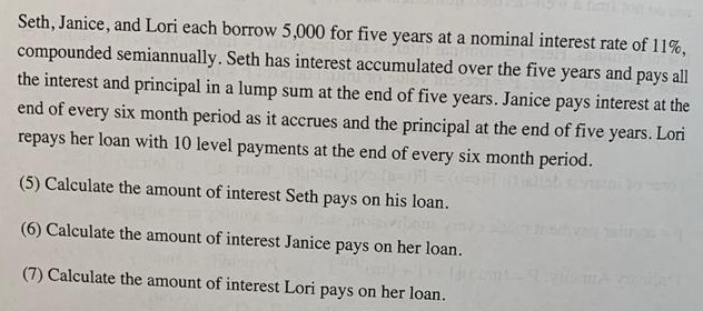  Seth, Janice, and Lori each borrow 5,000 for five years at