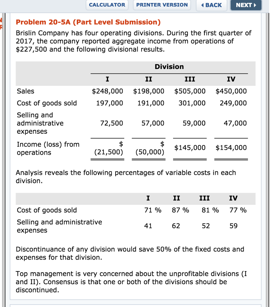  CALCULATOR PRINTER VERSION BACK NEXT Problem 20-5A (Part Level Submission) Brislin