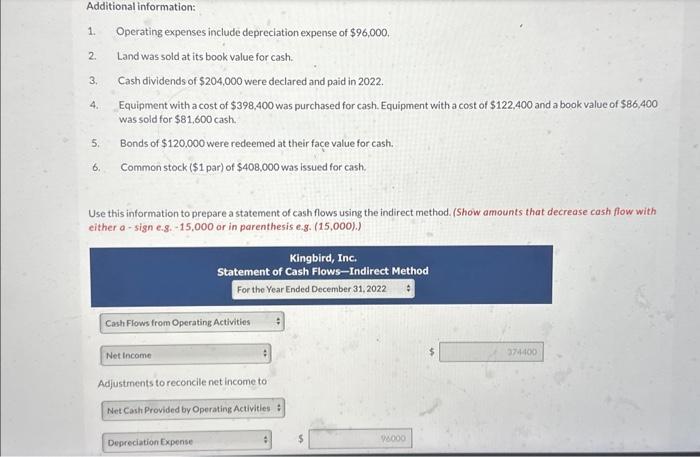 Bonds payable $1,344,000$902,400 Additional information: 1. Operating expenses include depreciation expense of