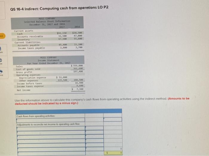  QS 16-4 Indirect: Computing cash from operations LO P2 ROSS COMPANY