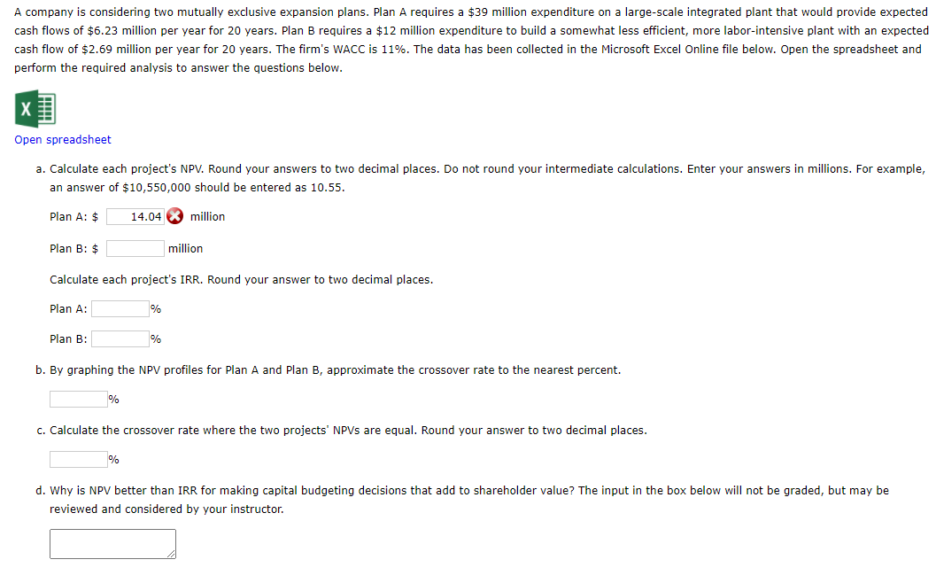 A company is considering two mutually exclusive expansion plans. Plan A