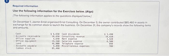  Required information Use the following information for the Exercises below. (Algo)
