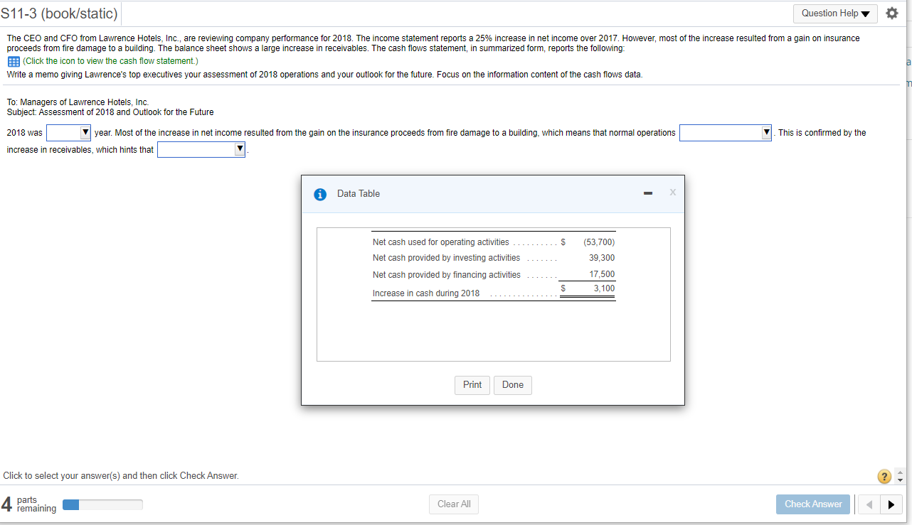  S11-3 (book/static) Question Help The CEO and CFO from Lawrence Hotels,