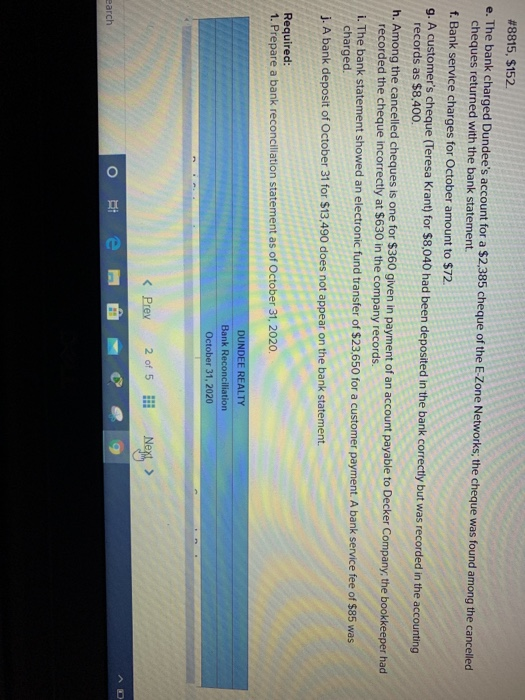 Realty 2 a. Balance per the bank statement dated October 31, 2020,